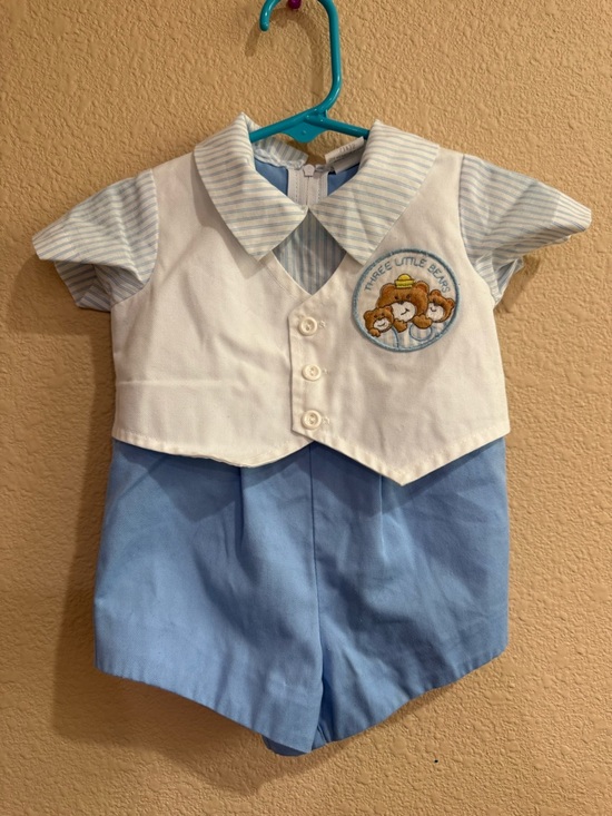 & Other Stories Other - Vintage 3-6month Blue & White Baby Romper with Three Little Bears Patch